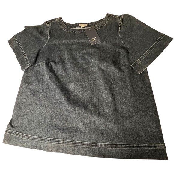 NWT Crown & Ivy Women Plus Denim Top 1X Short Sleeve Ruffle Accent Cotton Blend - Picture 1 of 10